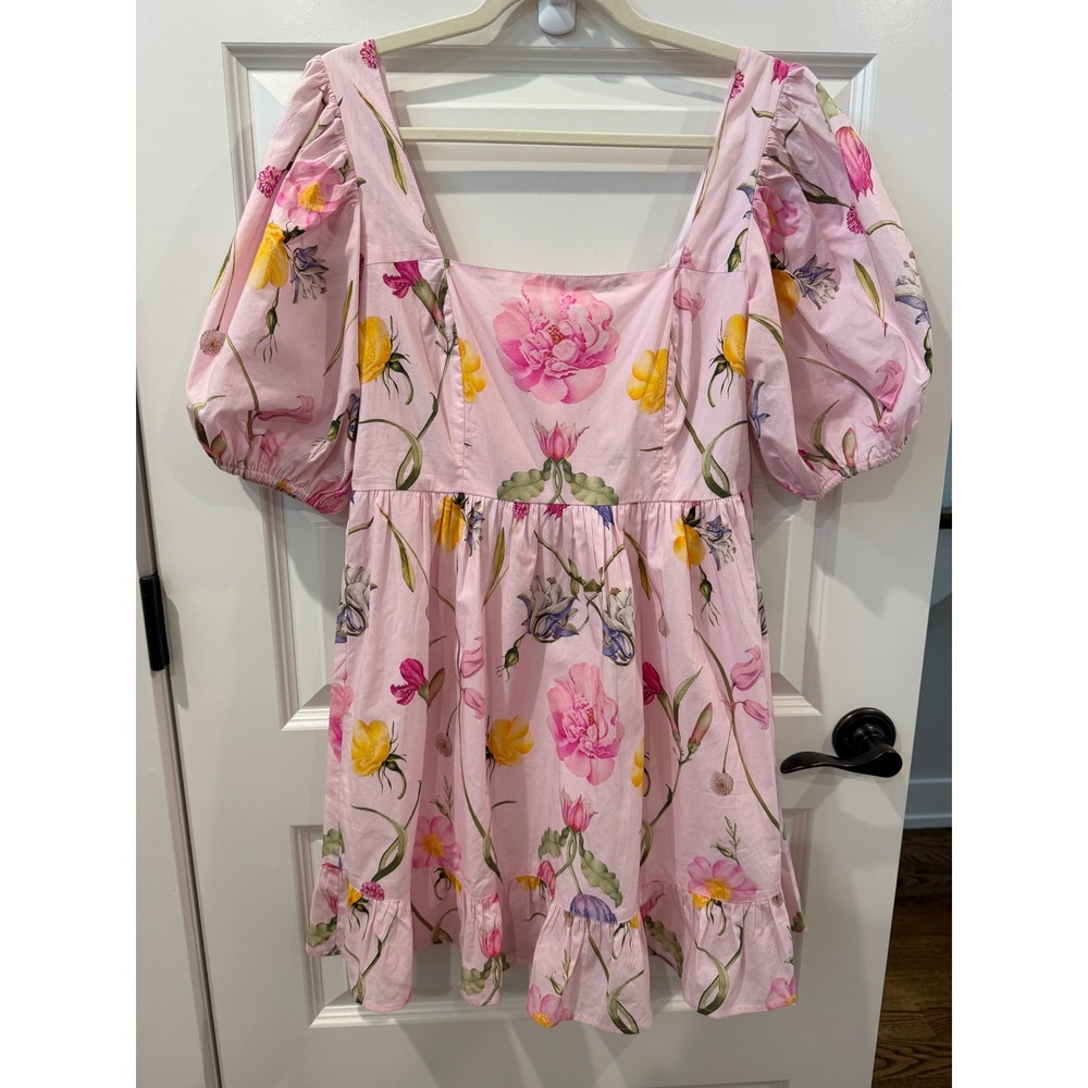 Beyond by Vera Pink Floral Cotton Puff Sleeve Mini Dress Square Neck Small